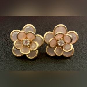 Y2K Pink Camellia Flower Stud Earrings Rhinestone Center McBling Costume 2000s